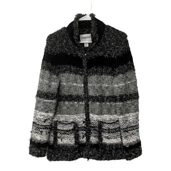 Chico’s Striped Fuzzy Fringe Zip Wool Blend Sweater Black White Grey Size M - Picture 1 of 3